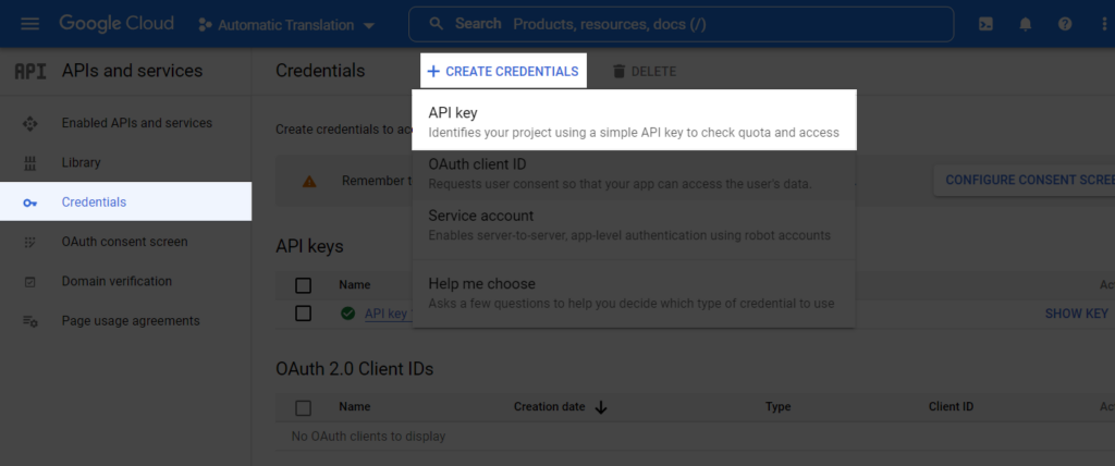 Creating a Google Translate API key