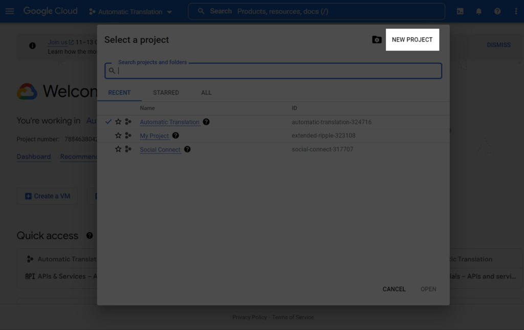 Creating a new project in Google Cloud Console