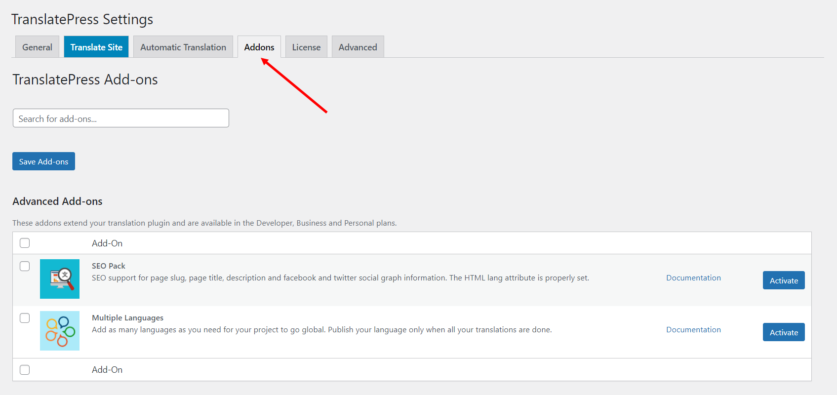 TranslatePress Settings Addons tab