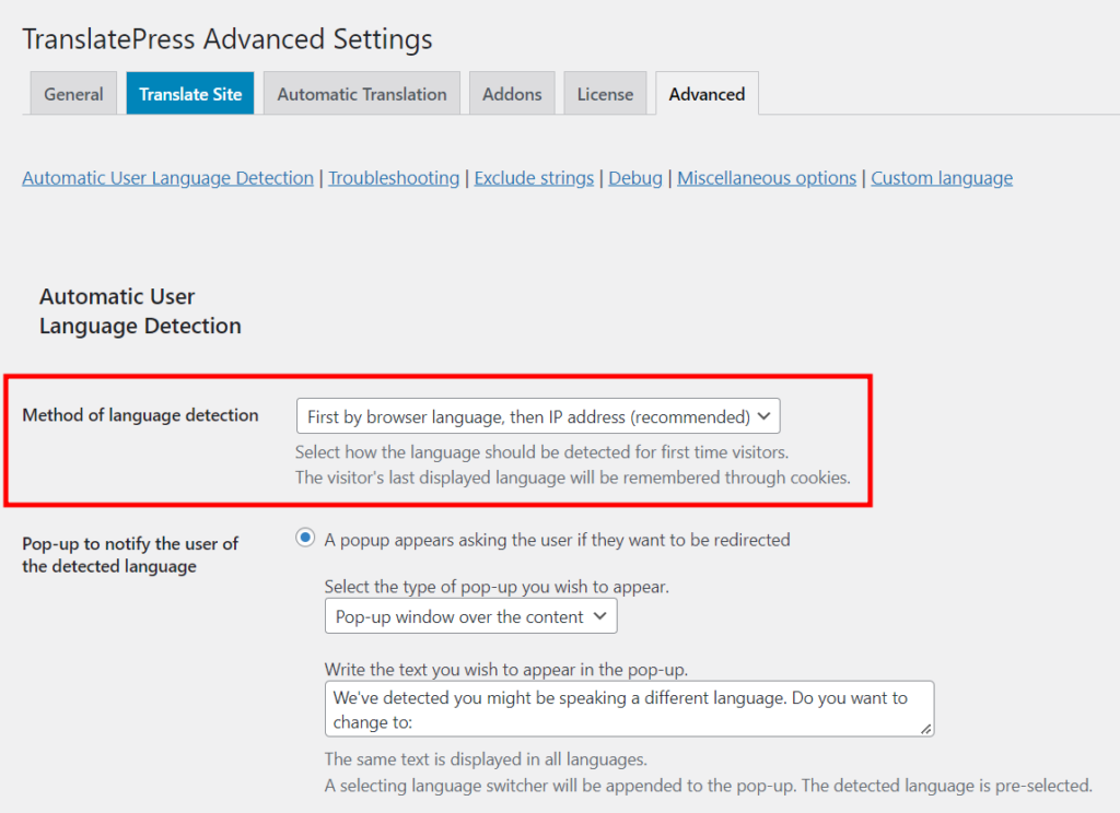 Automatic Detection of User Language TranslatePress