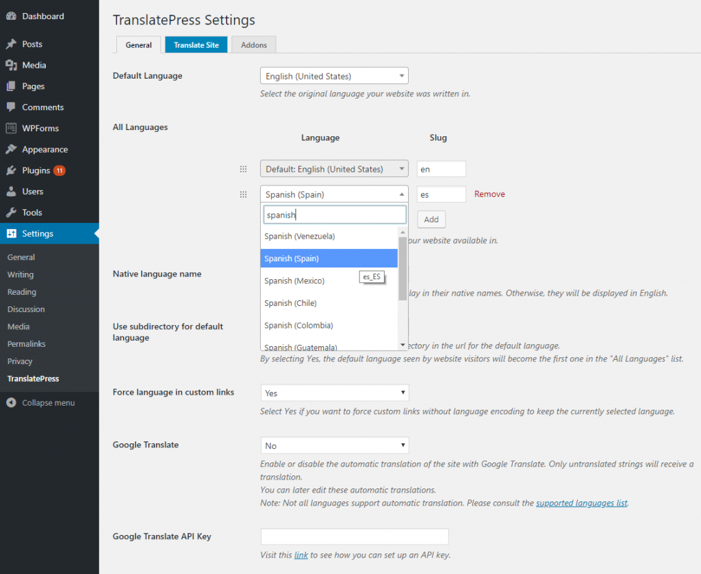 TranslatePrerss settings menu add new language