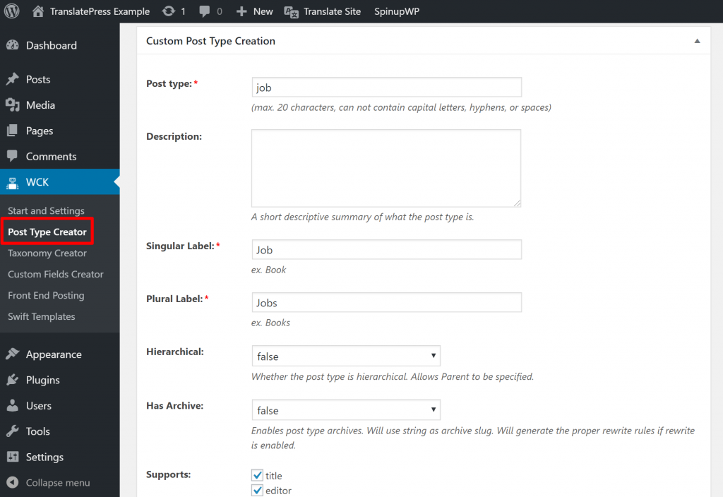 How to create a custom post type with WCK