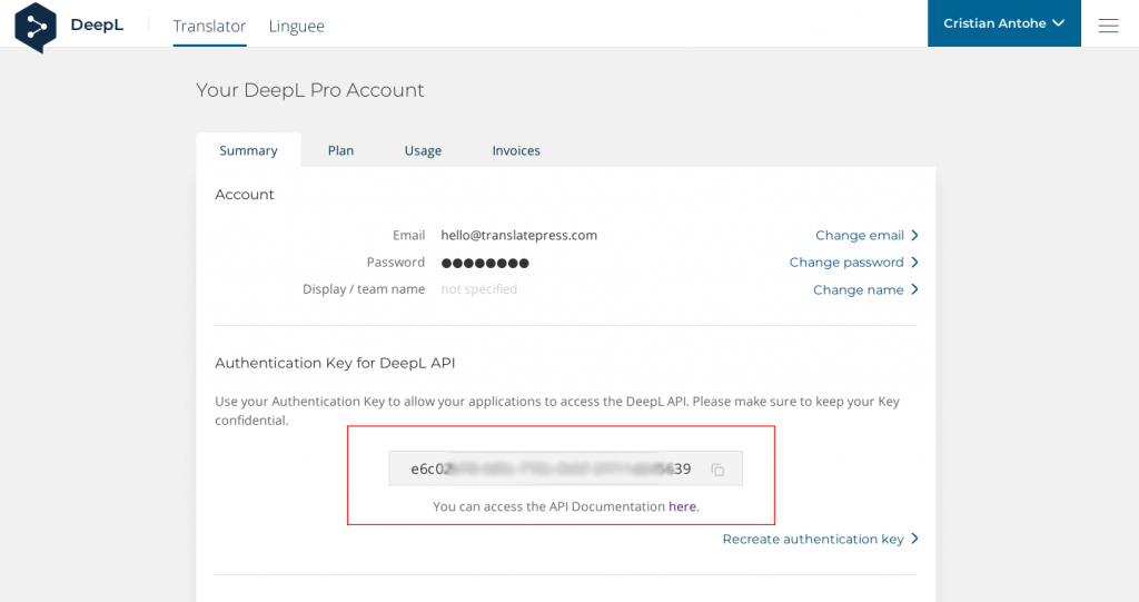 DeepL API Key location