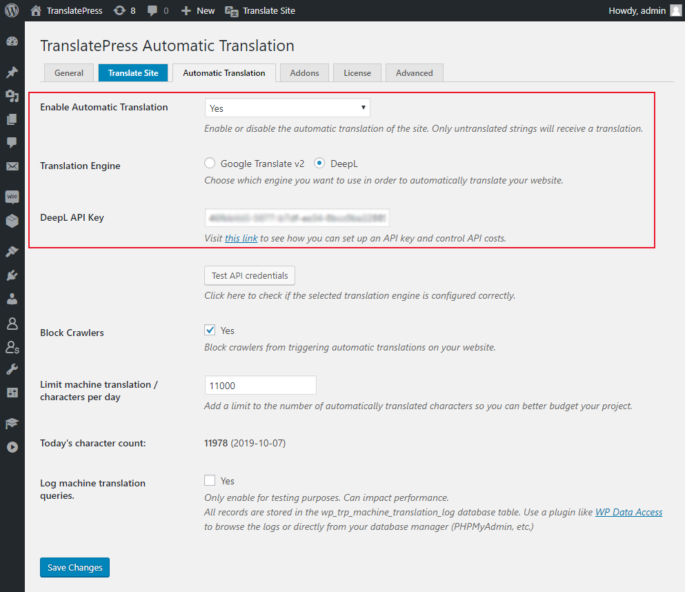 DeepL WordPress plugin settings