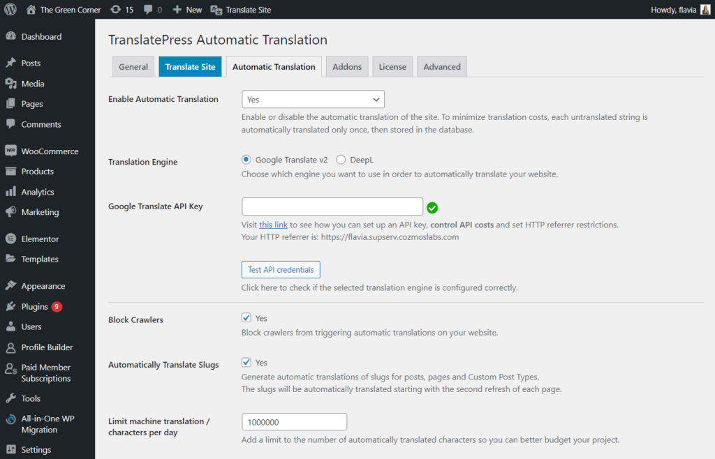 TranslatePress automatic translation settings