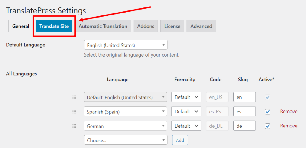 Translate site option in TranslatePress