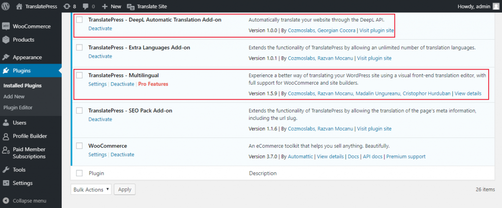 Installation for TranslatePress and DeepL integration add-on