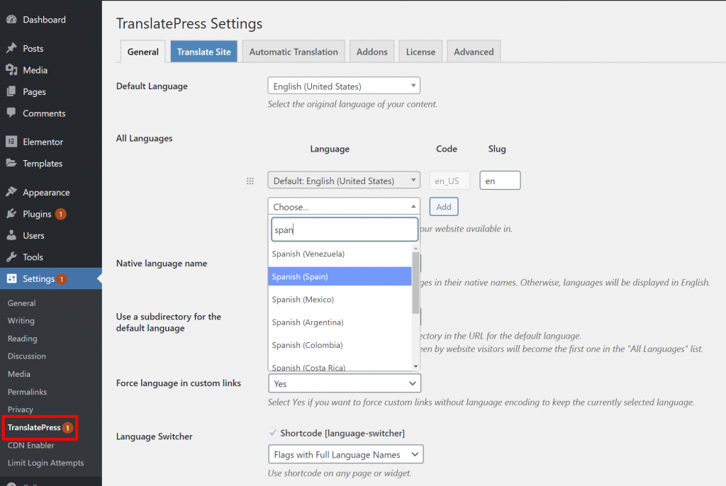 Choose language in translatepress