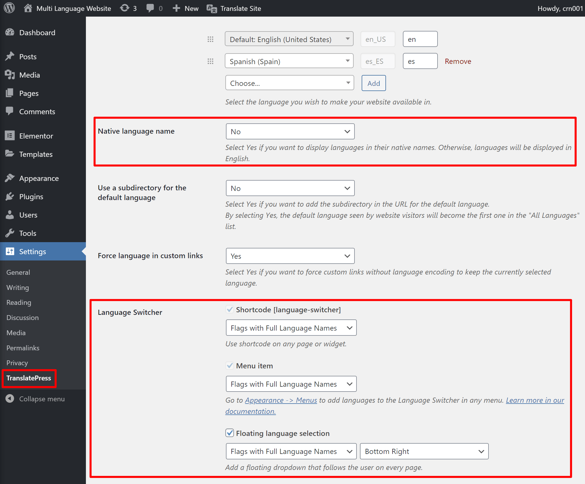 Configure language switcher