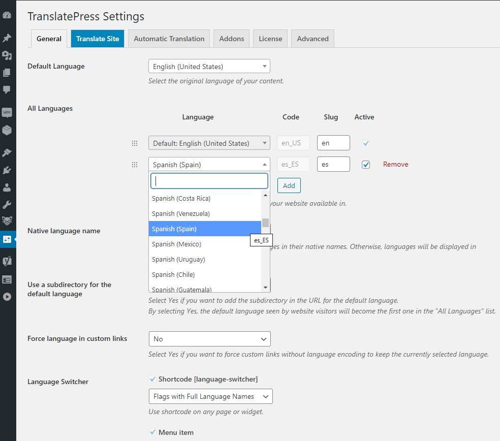 Add New Language in TranslatePress Settings