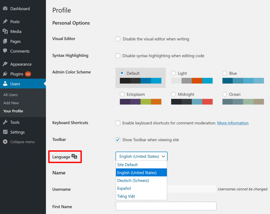 Change dashboard language