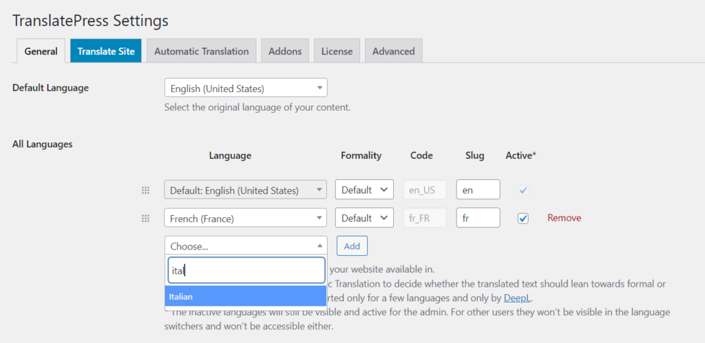 Adding languages using TranslatePress