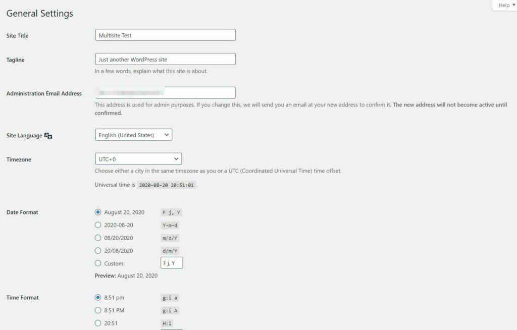 The General Settings for each site in your network.