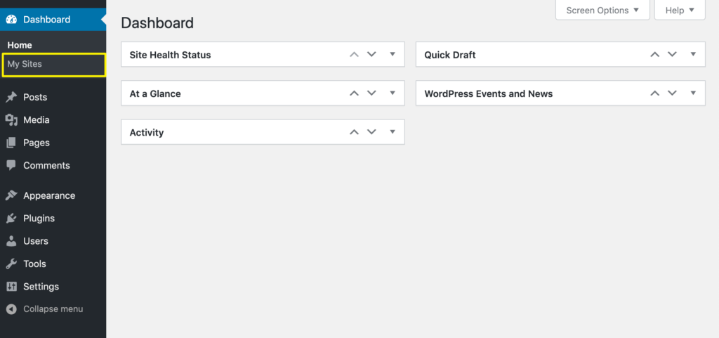The My Sites link in the WordPress dashboard.