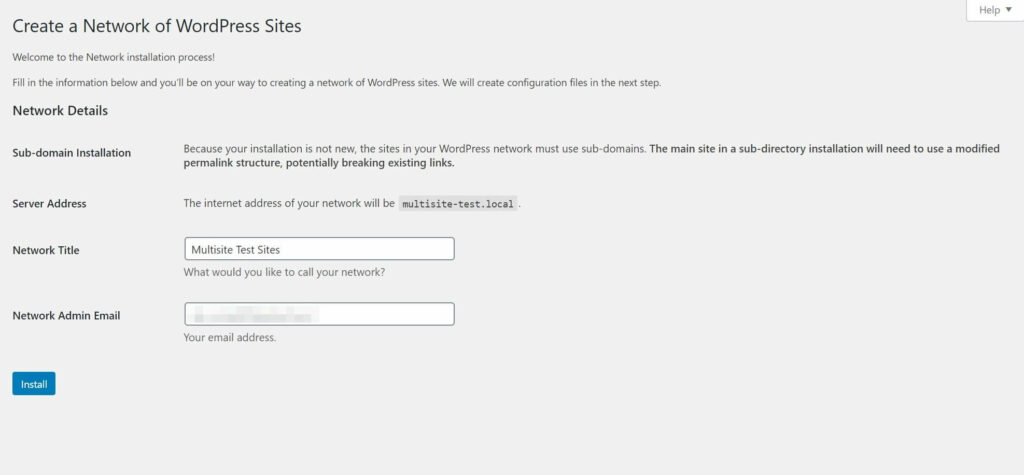 The WordPress multisite network creation screen.