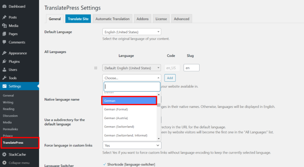 Choosing a language in TranslatePress