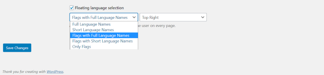 Settings for TranslatePress display