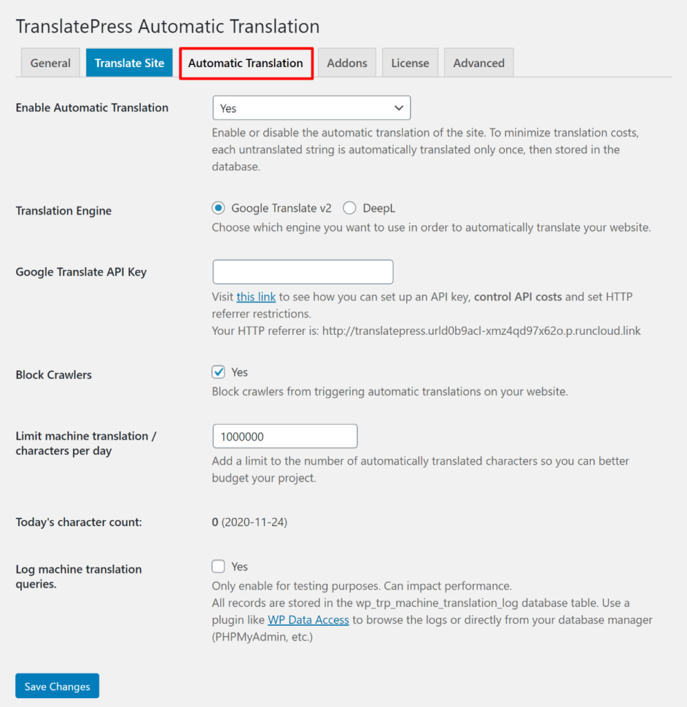 Automatic translation settings