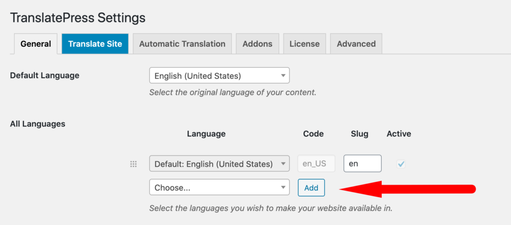 add language to TranslatePress free
