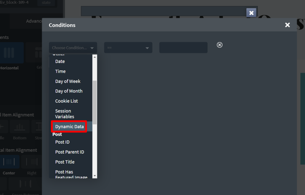 Select dynamic data condition in Oxygen Builder