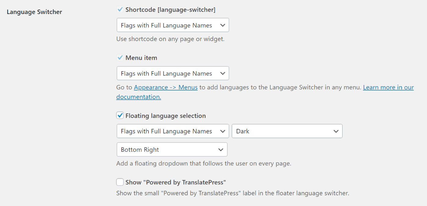 Language switcher settings