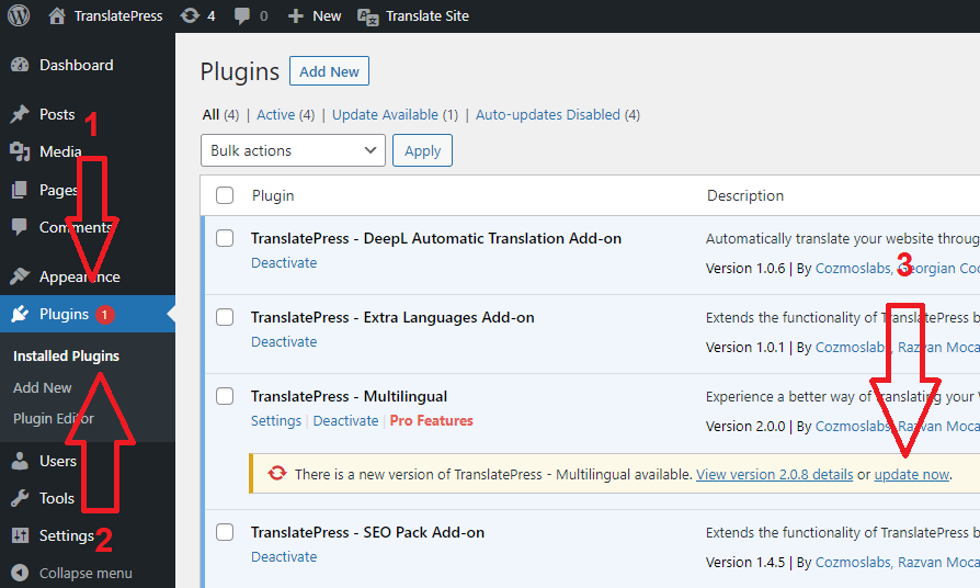 Update TranslatePress from the Plugins tab