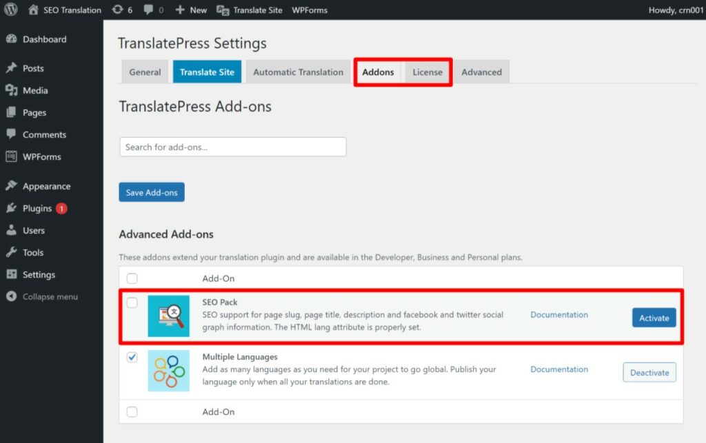 Enable SEO pack add-on for SEO translation