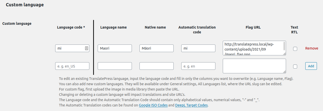 Adding a Custom Language in TranslatePress