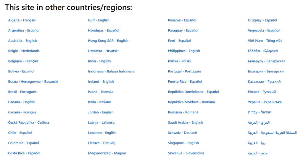 microsoft language selector navigation menu