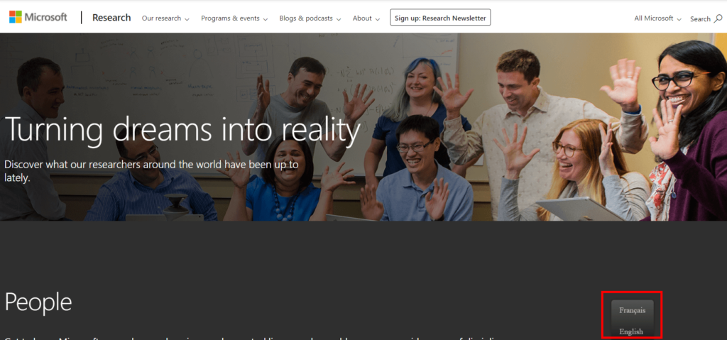 microsoft research language button