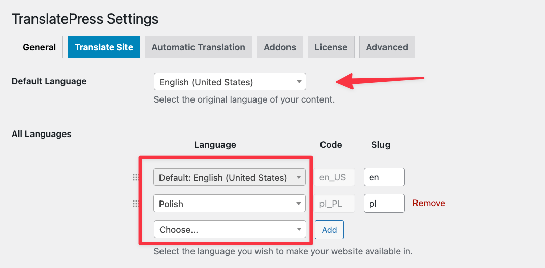 TranslatePress language settings