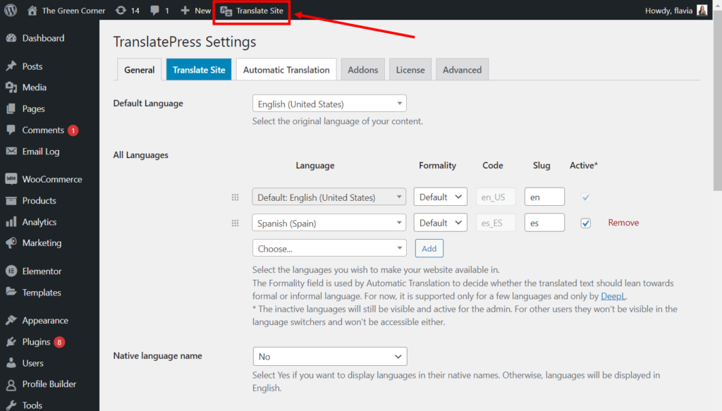 Opening TranslatePress' translation editor from the WordPress dashboard