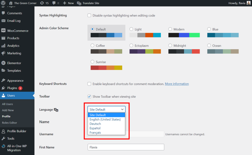 User profile language preferences