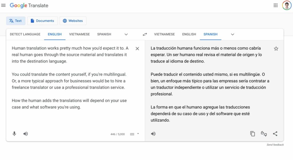 Using machine translation web interface vs human translation