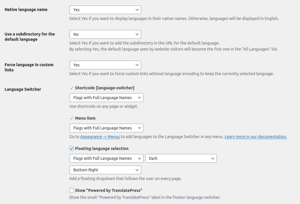 TranslatePress general settings page