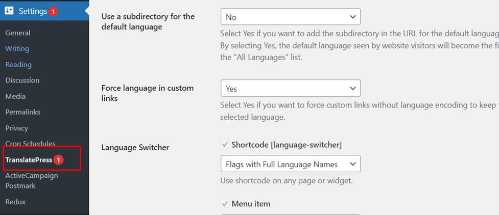 TranslatePress settings page