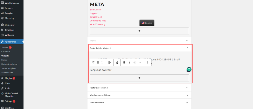 Language selector footer options