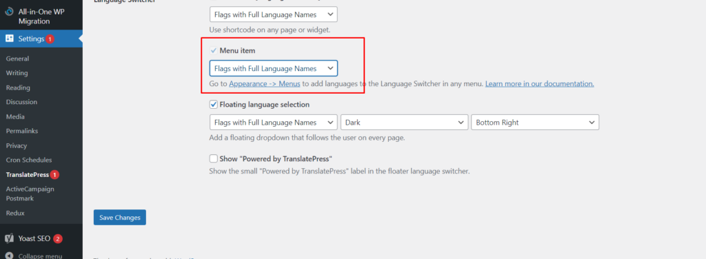 Menu item language selector settings