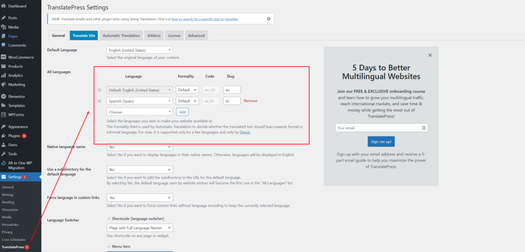 TranslatePress language selector settings