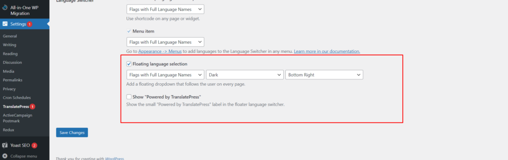 Floating language selector settings